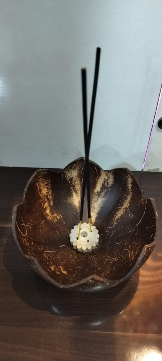Carved coconut shell incense and agarbatti holder