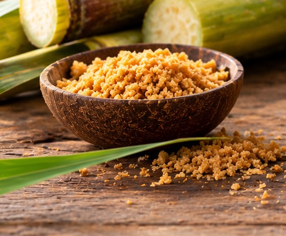 Natural jaggery powder in a coconut shell bowl with sugarcane
