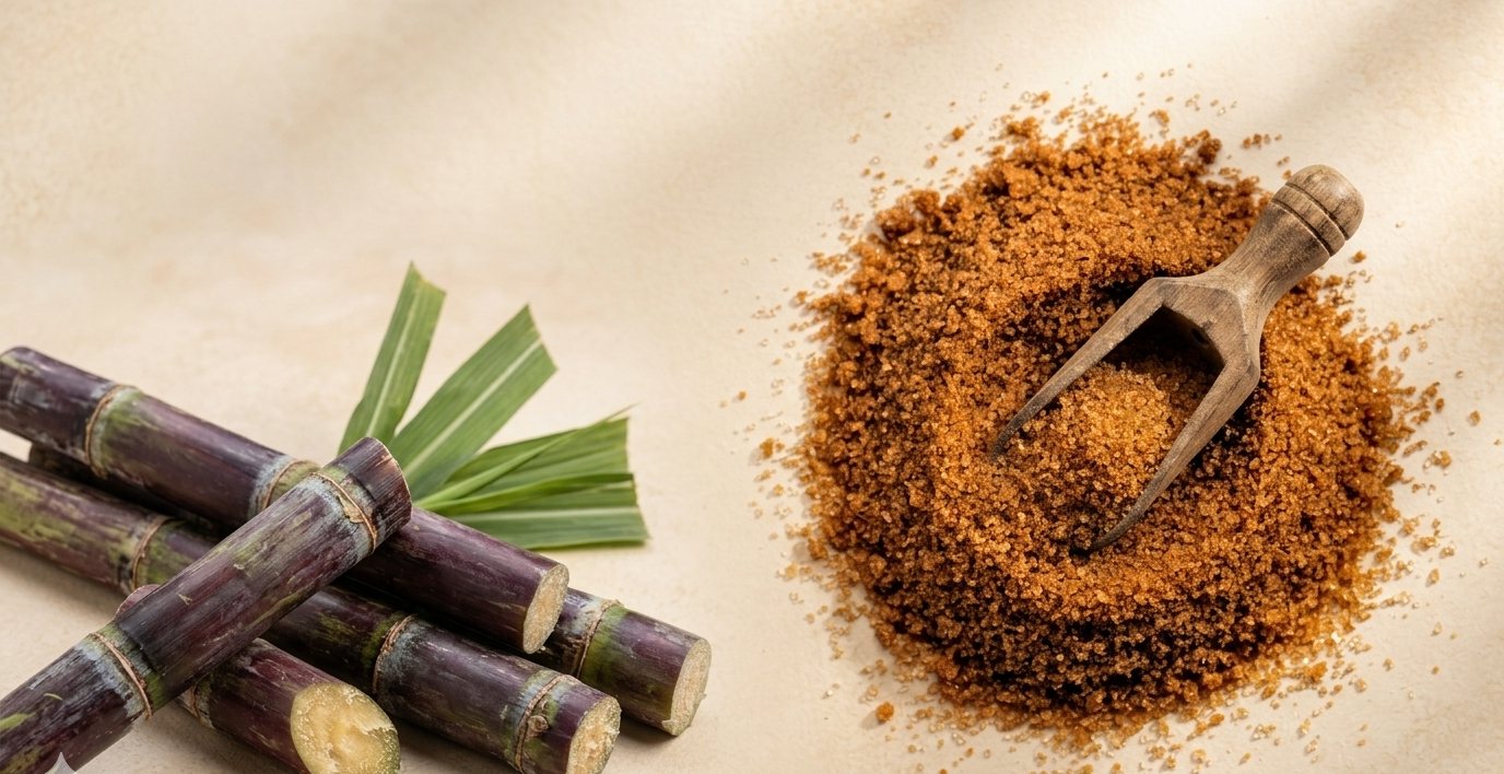Natural jaggery powder with a wooden scoop and fresh sugarcane