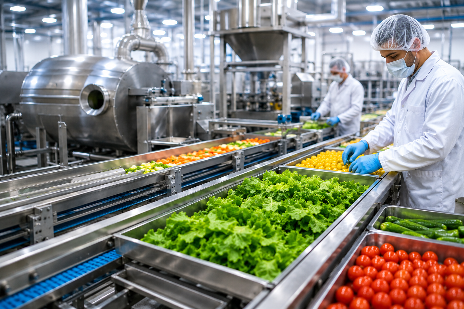 Workers hygienically sorting and processing fresh produce on the packing line