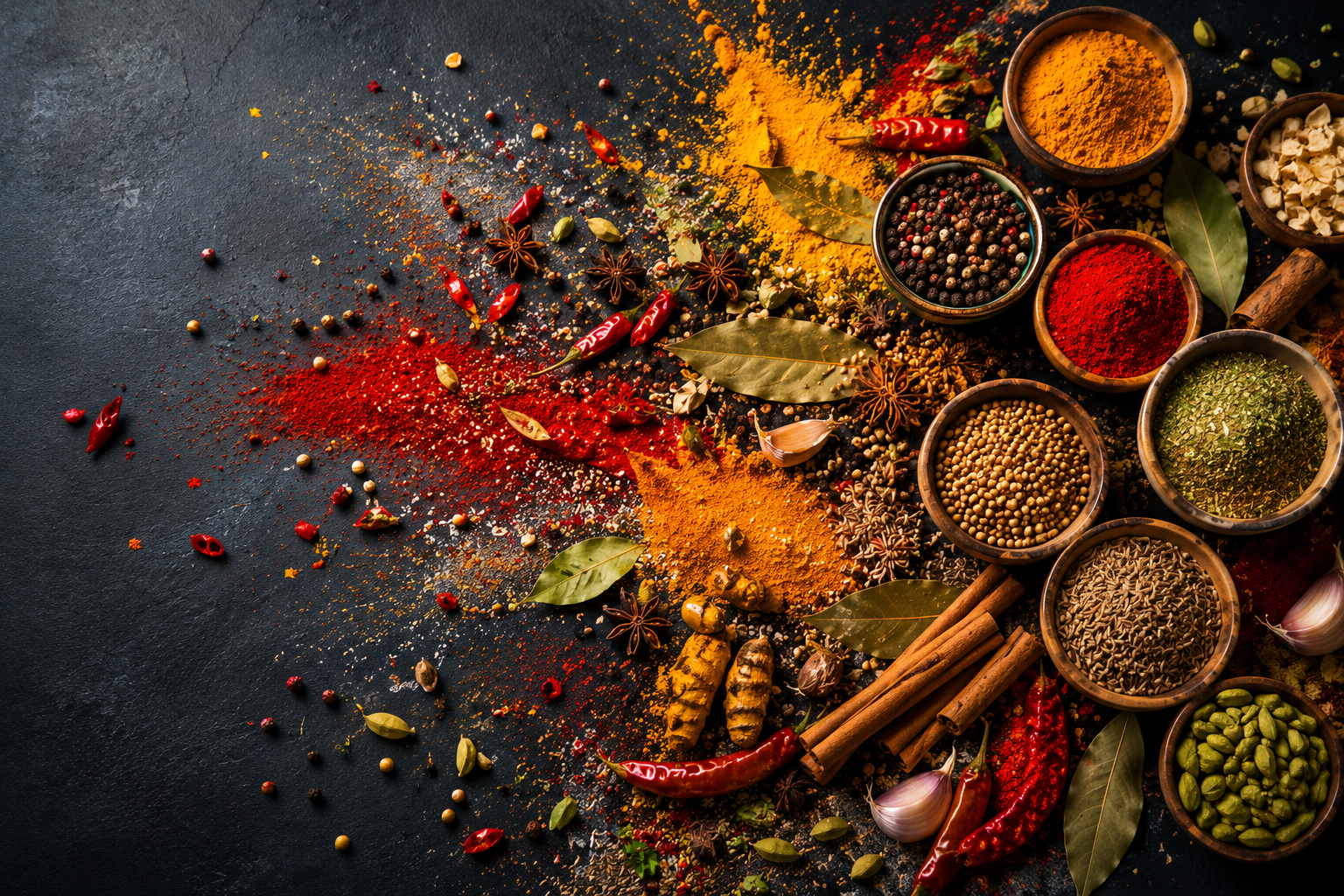 Premium Indian whole spices including turmeric, chilli and cinnamon