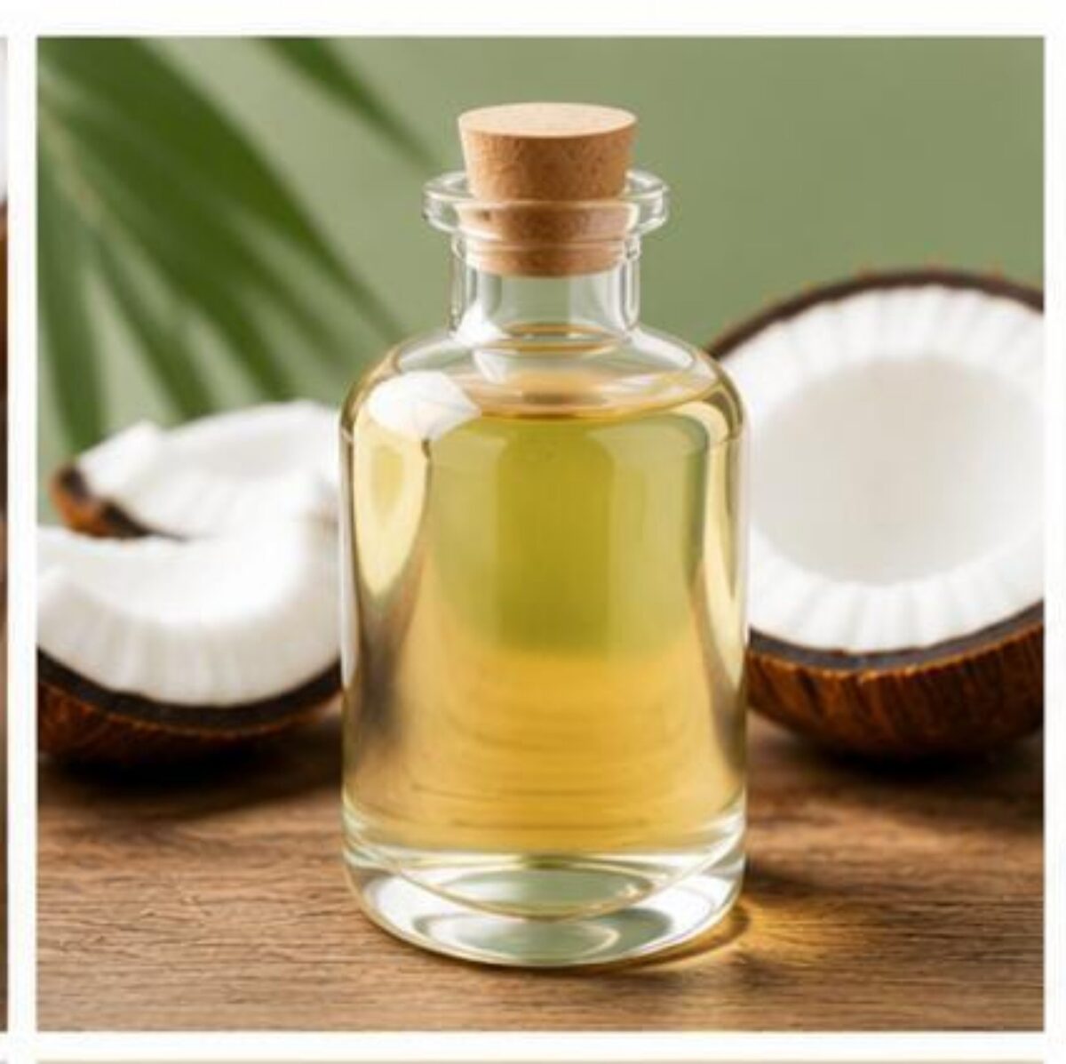 Bottled virgin coconut oil with fresh coconut halves